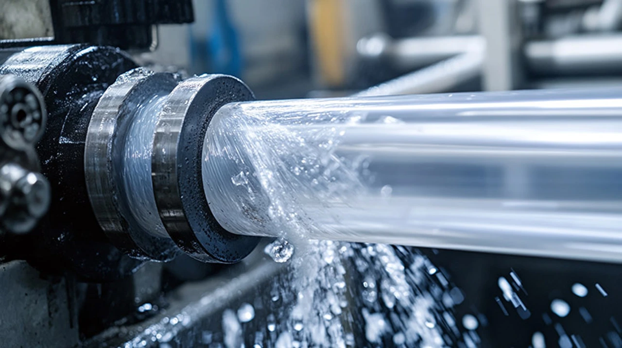 Een waterstraalsnijproces op een kunststof onderdeel