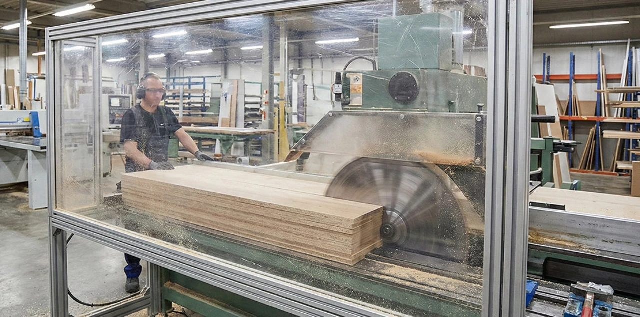 Een beschermkap in een industriële werkplaats gemaakt van Polycarbonaat